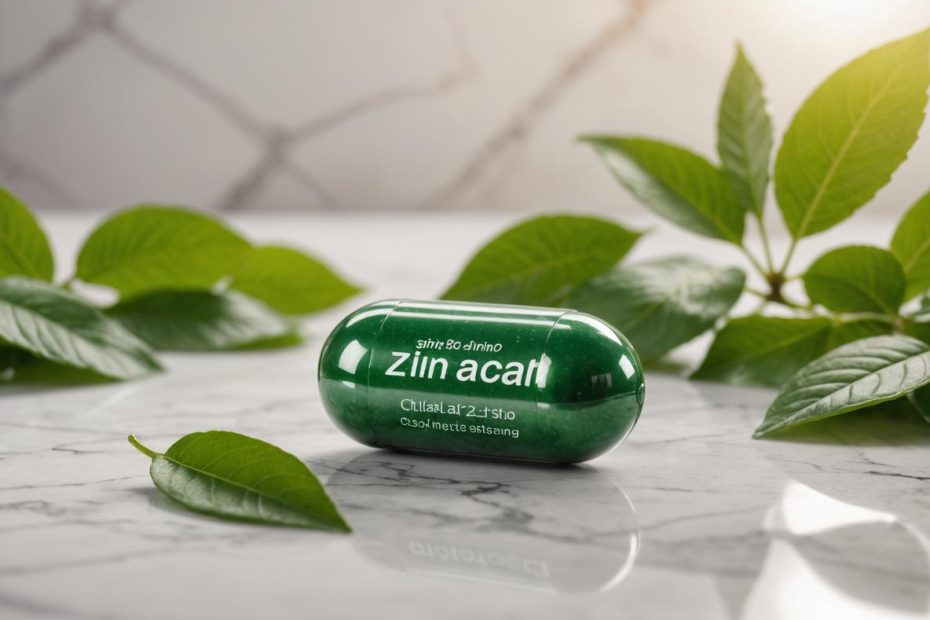 Image photoréaliste d'une capsule de supplément de zinc chélaté d'acides aminés posée sur une surface en marbre avec un arrière-plan flou montrant des feuilles vertes fraîches, éclairée par la lumière naturelle du soleil.