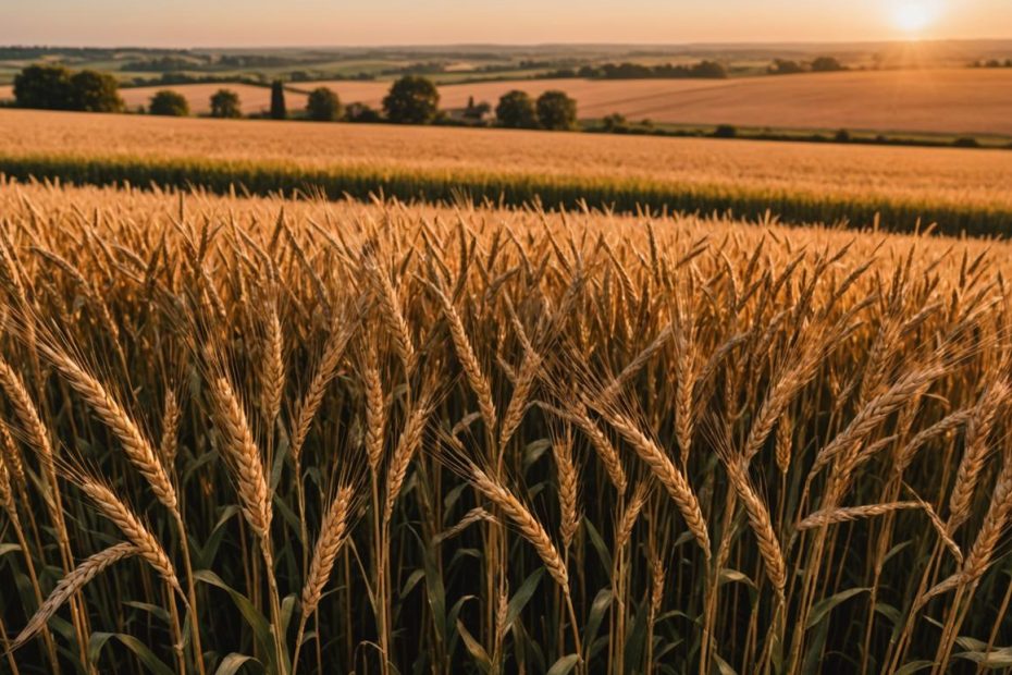 Image photoréaliste de champs de blé rouge vif s'étendant dans la campagne vallonnée de Bordeaux au coucher du soleil, avec des tons chauds illuminés par le soleil et une brise douce.