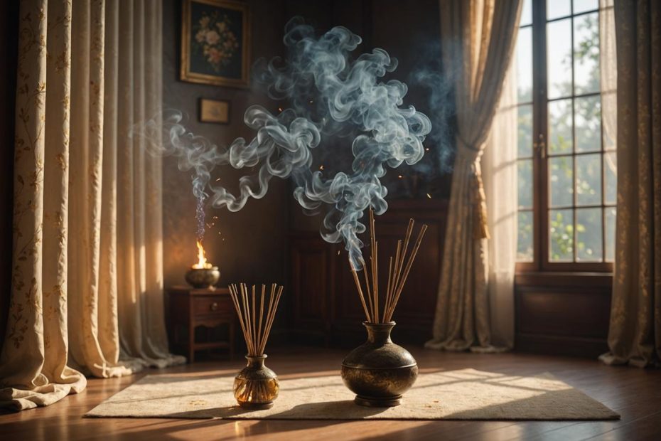 Image photoréaliste de bâtons d'encens de jasmin brûlant dans une pièce tranquille avec lumière douce filtrant à travers des rideaux transparents et des volutes de fumée montant délicatement.