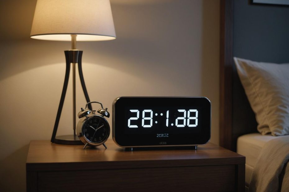 Image photoréaliste d'une horloge numérique affichant 20:02 sur une table de nuit minimaliste, avec une lumière douce éclairant la chambre sereine.