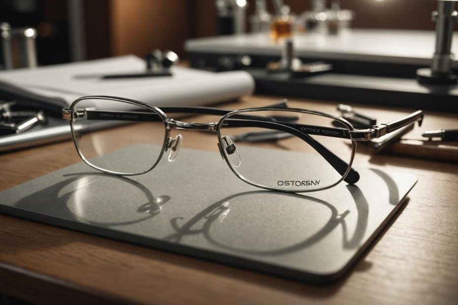 Image photoréaliste de lunettes reposant sur un comptoir élégant dans un atelier d'opticien, entourées d'outils de précision et sous un éclairage doux et focalisé.