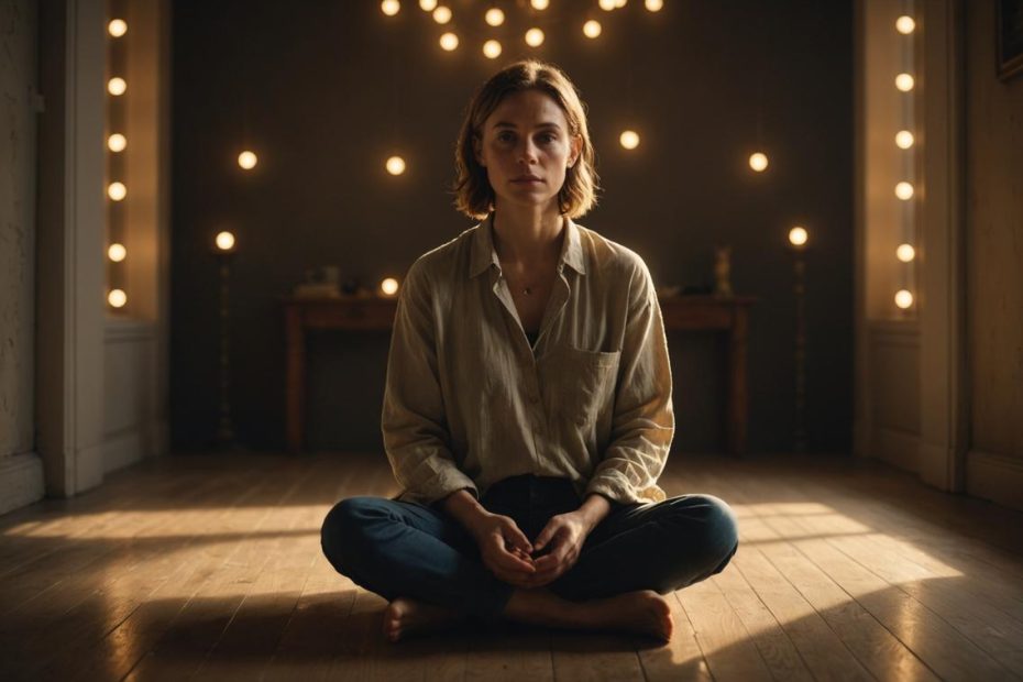 Image photoréaliste d'une personne en méditation les jambes croisées dans une pièce peu éclairée, entourée d'orbes lumineuses symbolisant l'énergie spirituelle, avec une lumière dorée douce filtrant par une fenêtre.