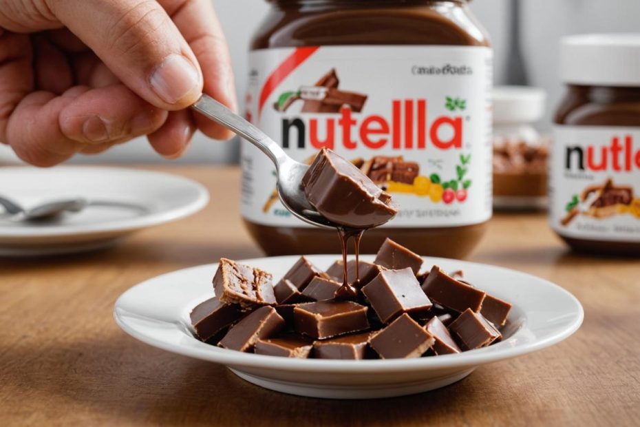 Image photoréaliste d'une cuillère de Nutella approchant des bagues métalliques brillantes sur des dents, avec un arrière-plan flou de cuisine propre et une lumière naturelle douce.