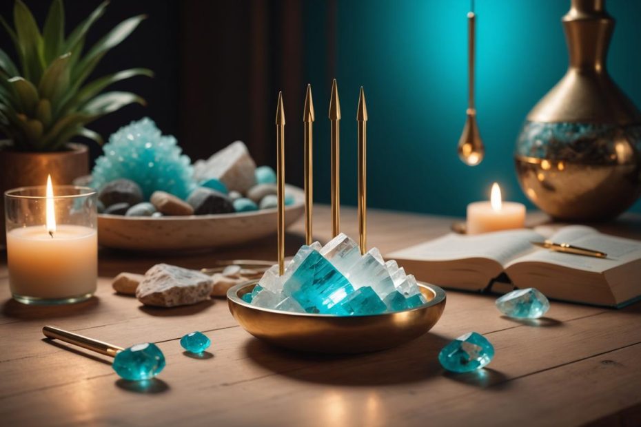 Image photoréaliste d'une séance de thérapie sonore paisible avec un diapason minimaliste vibrant doucement contre un cristal de quartz lumineux, ambiance rêveuse de lumière dorée chaude et turquoise douce, atmosphère calme et méditative, mise au point précise, éclairage ambiant.