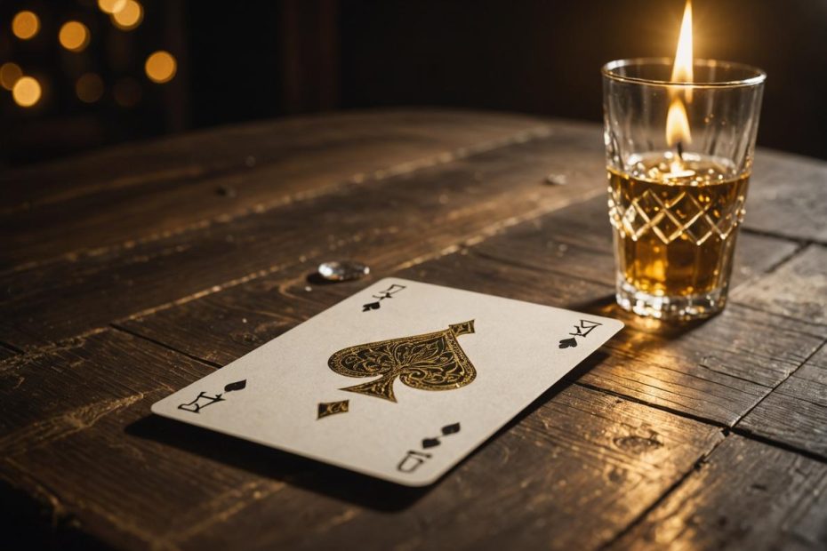 Image photoréaliste d'une carte de sept de carreaux posée sur une table en bois rustique, baignée par une lumière dorée avec des symboles éthérés en arrière-plan.
