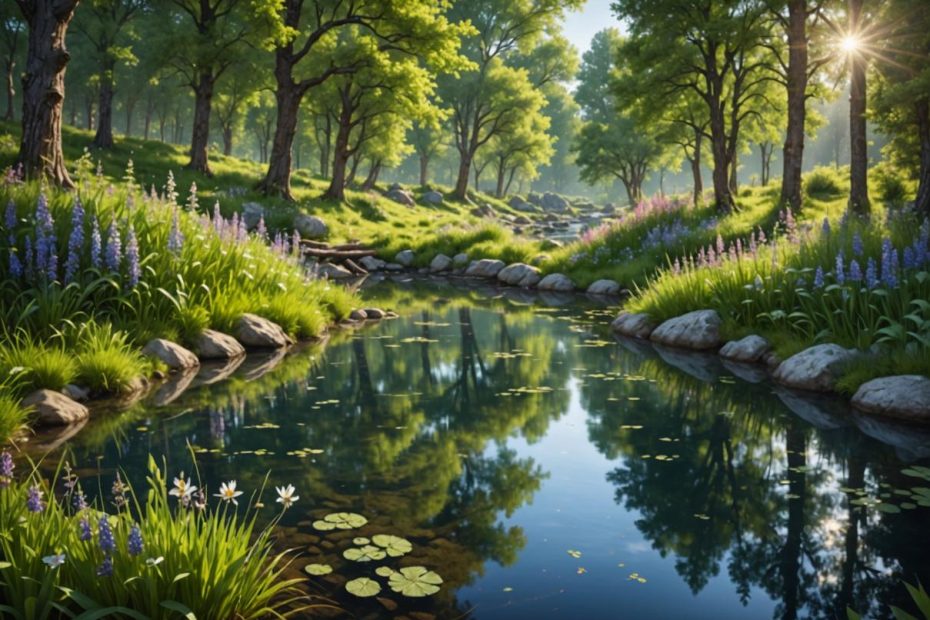 Image photoréaliste d'une source paisible entourée de verdure luxuriante et de fleurs sauvages, l'eau cristalline reflétant doucement la lumière matinale.