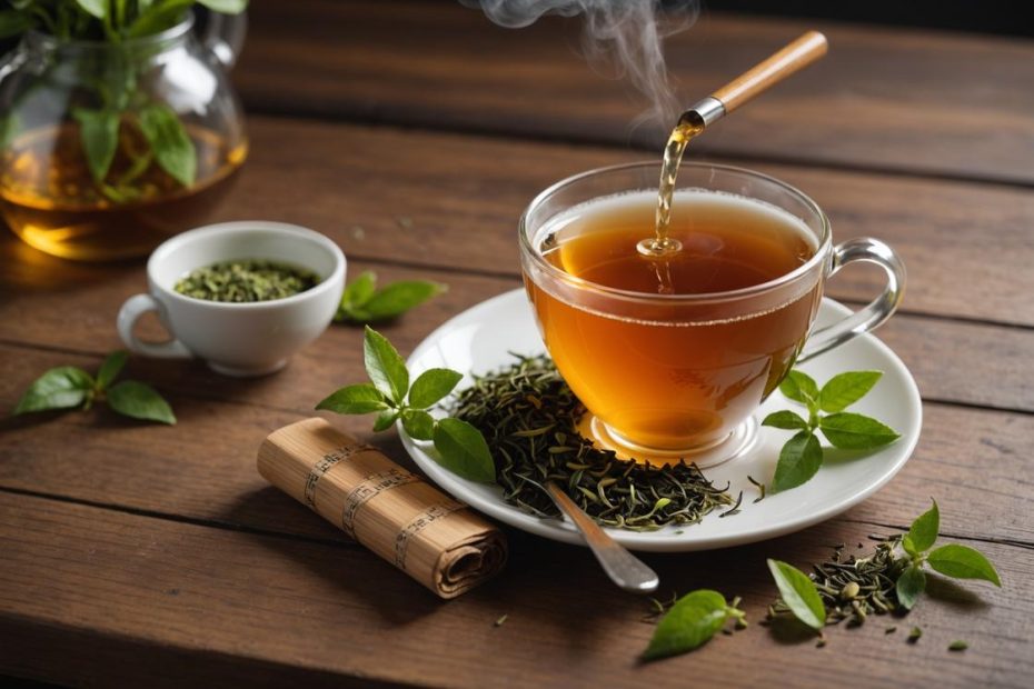 Image photoréaliste d'une tasse de thé Richter fumante posée sur une table en bois élégante, entourée de feuilles de thé vert fraîches et d'un mètre ruban enroulé autour, éclairage naturel doux et mise au point nette.