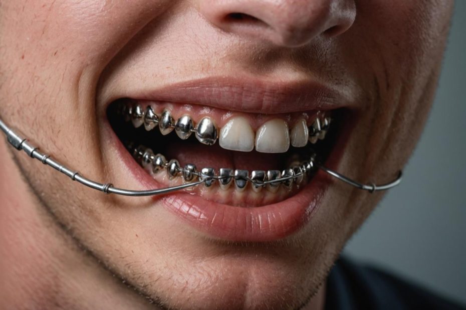 Plan rapproché photoréaliste d'une bouche avec des bagues, un fil métallique délogé irritant l'intérieur de la joue, légère rougeur visible, éclairage dramatique.