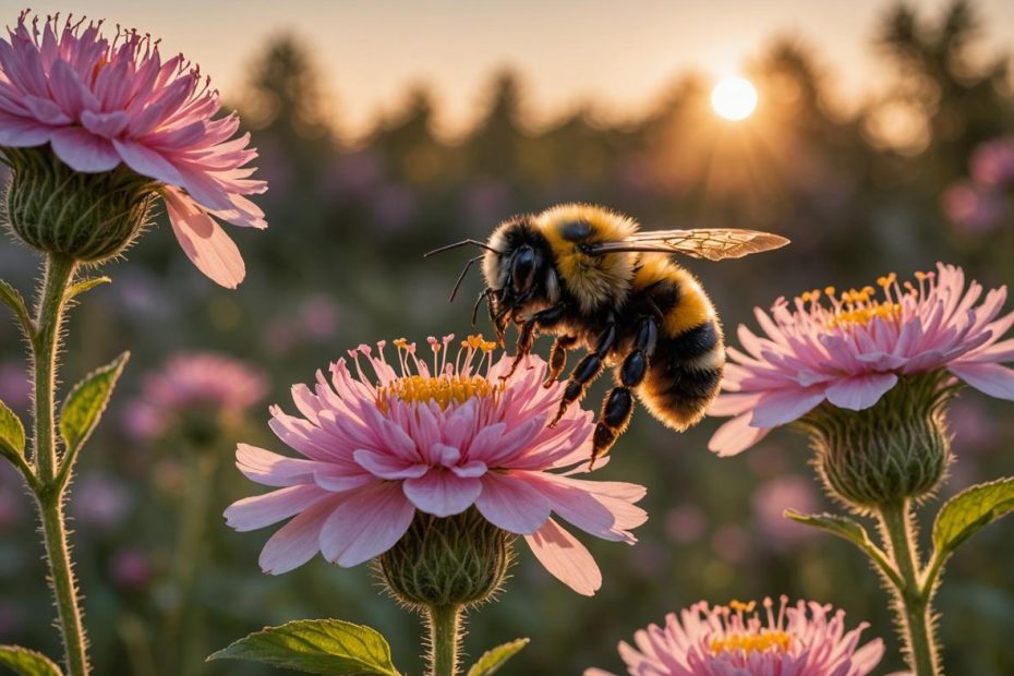 Image photoréaliste d'un bourdon volant près d'une fleur rose délicate, corps duveteux éclairé par la lumière dorée du coucher de soleil.