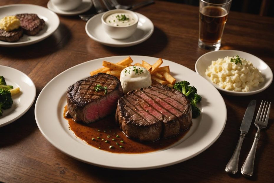 Image photoréaliste d'une table à manger en bois avec un steak fumant et un plat à base de produit laitier crémeux, éclairage ambiant doux.