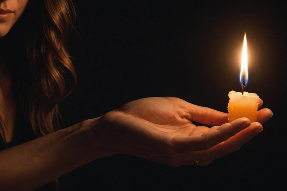 Image photoréaliste d'un cheveu délicat reposant dans une paume ouverte sous une douce lumière de bougie, évoquant mystère et contemplation.